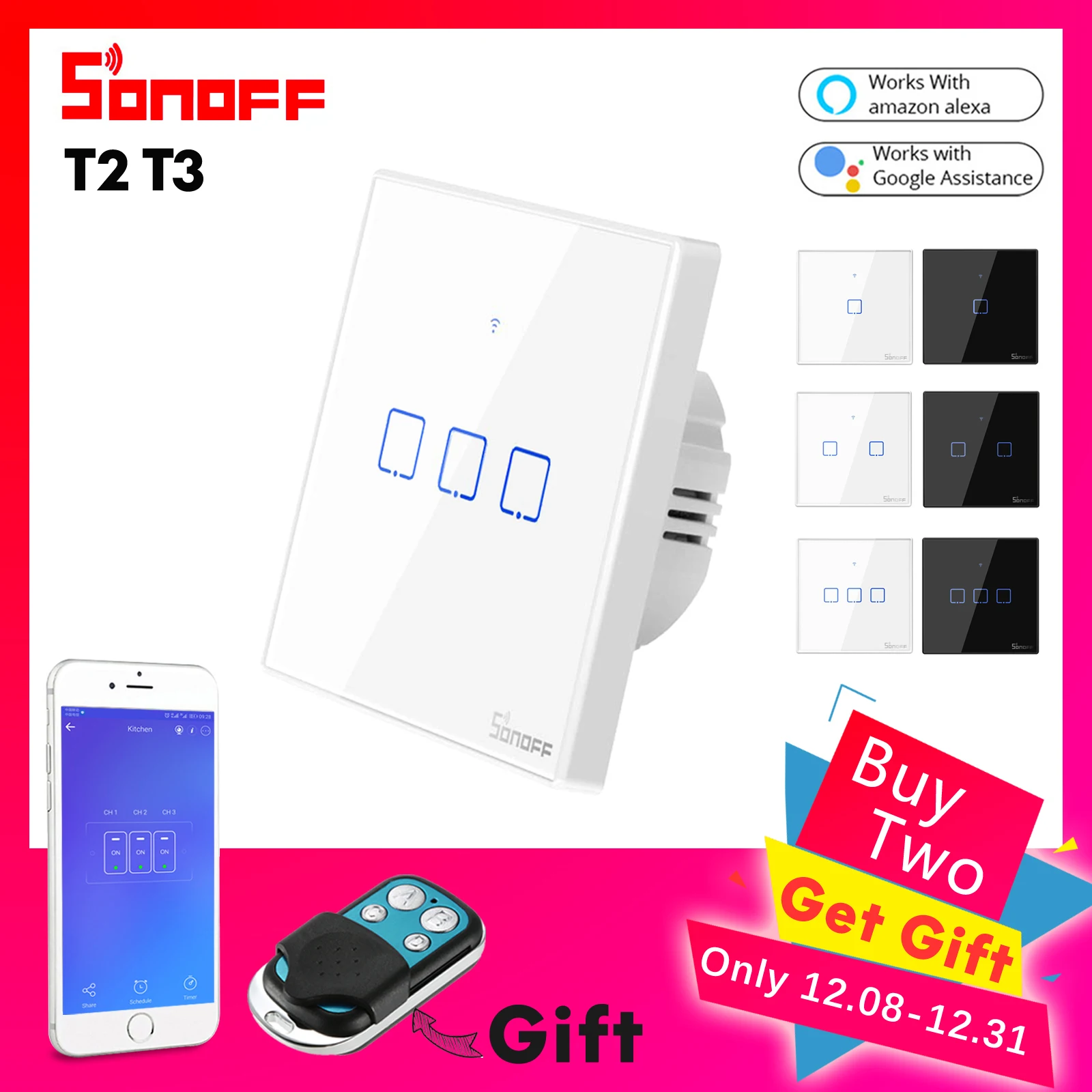 Sonoff WiFi стены сенсорный выключатель T1 ЕС 1 2 Gang Стекло настенный светильник переключатель Ewelink приложение Поддержка Alexa Google дома