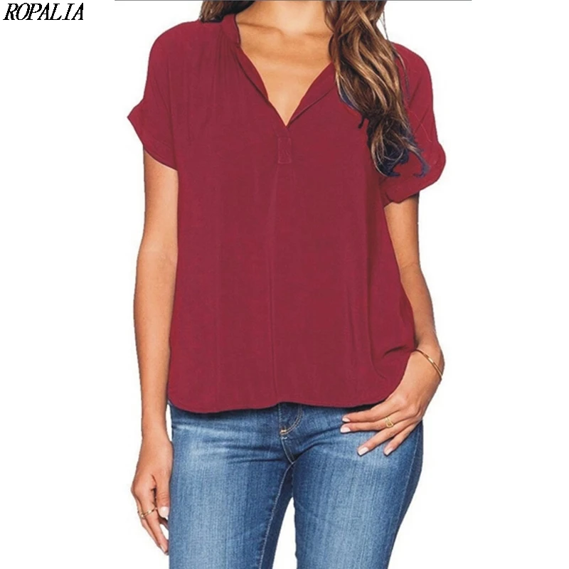 Женские Простые однотонные пуловеры с v-образным вырезом и коротким рукавом