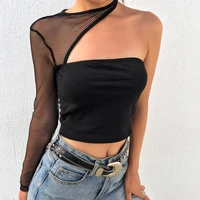 women 2021 new fashion halter solid color t shirt femme one shoulder black fishnet dress patchwork sexy long sleeved t shirt