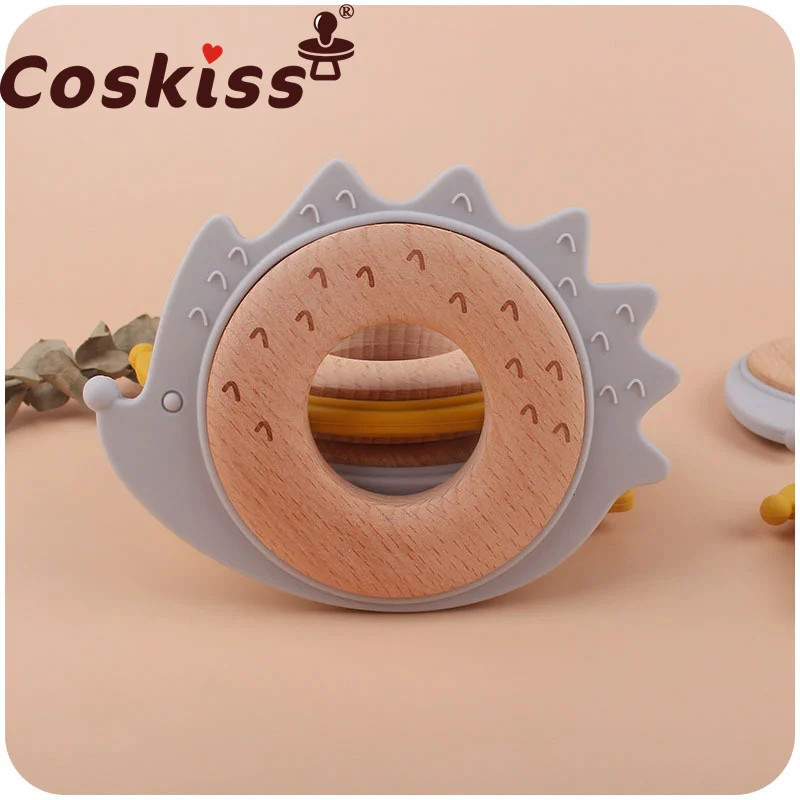

Coskiss Baby Teething Wooden Rattle Cartoon Beech Wooden Hedgehog Toys Head Chewing Teether Newborn Nursing Toy Shower Gifts