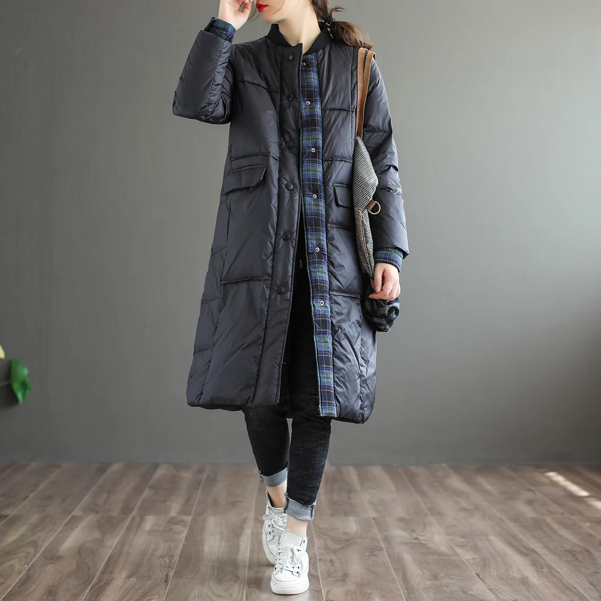 

Down jacket women's lightweight long knitted baseball collar Korean casual plaid stitching literary simple and warm tide