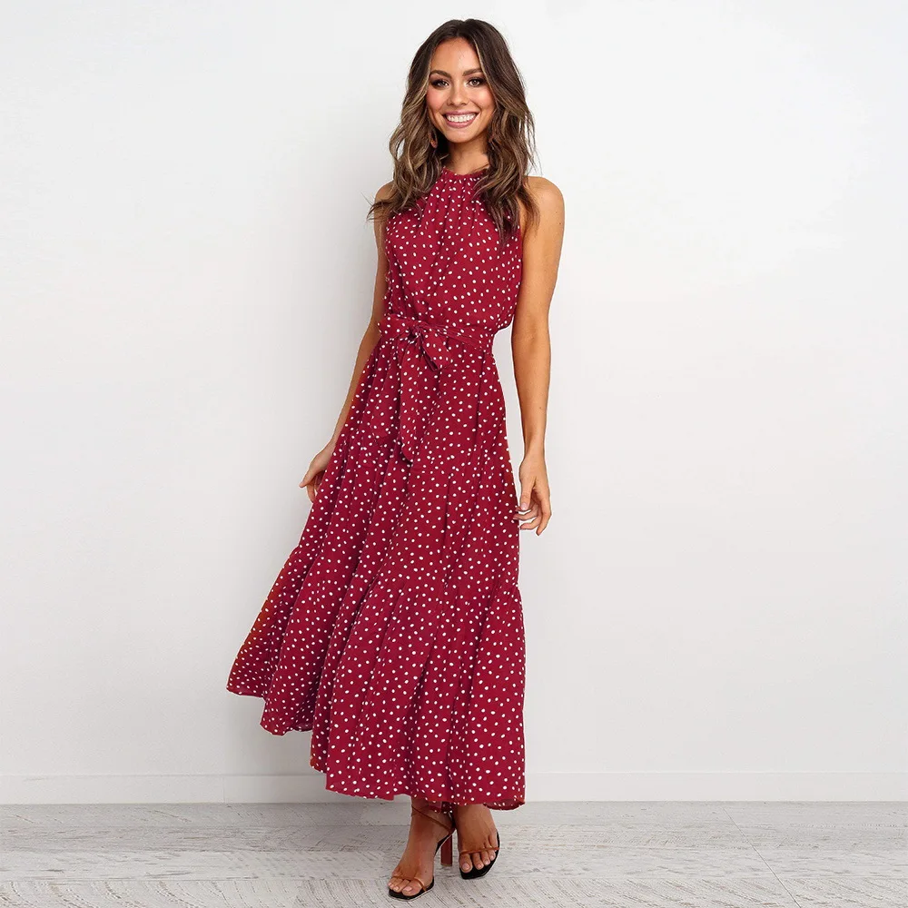 

2021 New Summer Women 's Elegant Dot Long Halter Dress Ladies Causal Lace Up Sleeveless A-line Ankle-length Print Dress