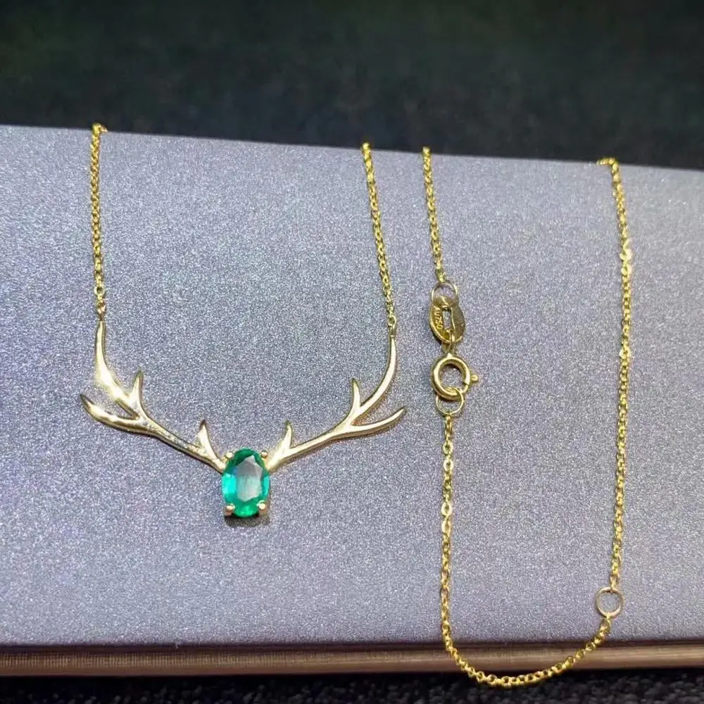 

shilovem 18k yellow gold real Natural emerald Gemstone pendants plant women necklace new Christmas Gift 4*6mm dz0406111ml