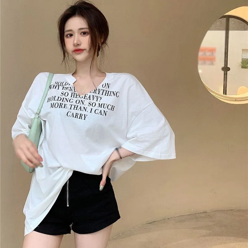 

Женская футболка с буквенным принтом и V-образным вырезом, свободные топы, женская футболка с коротким рукавом, повседневные топы