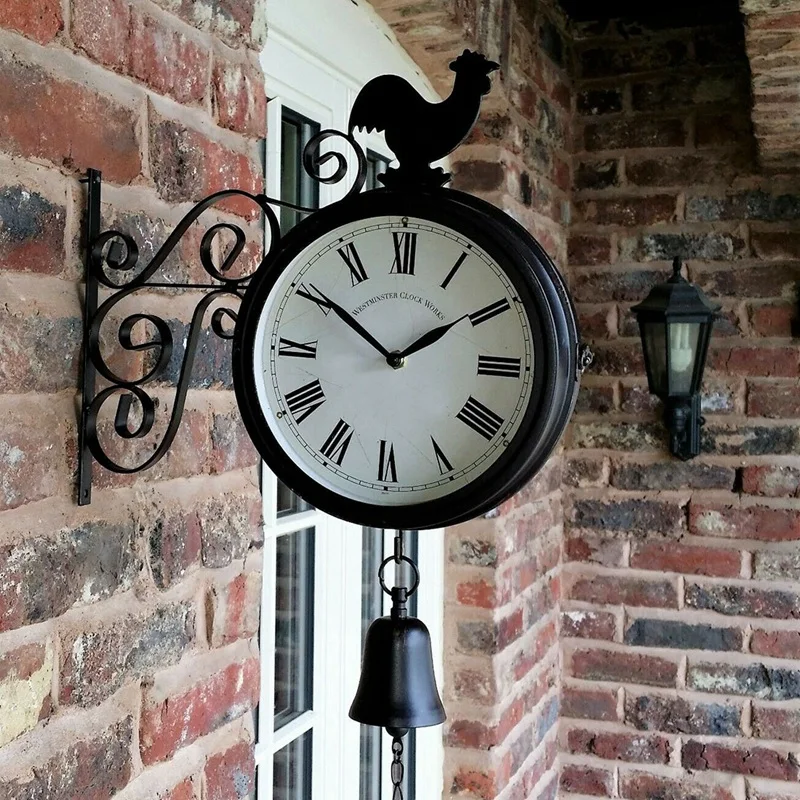 

New Outdoor Garden Wall Station Clock Double Sided Cockerel Vintage Retro Home Decor