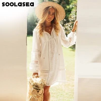 soolasea 2020 summer boho women mini dress loose lace embroidery white hollow out beach dress vacation holiday clothes vestidos
