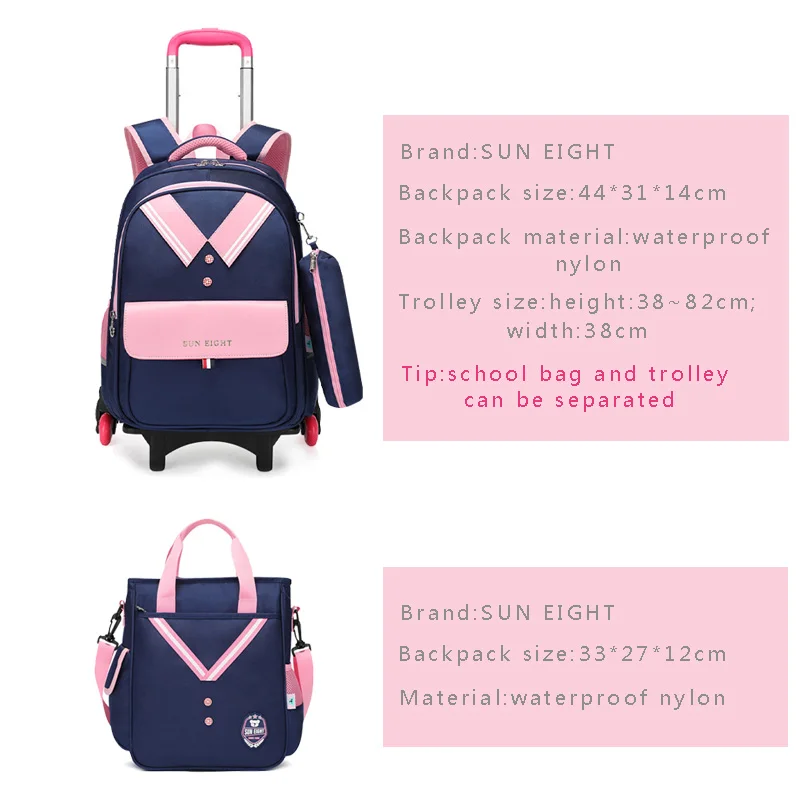 SUN EIGHT Kid Wheeled Bags Cart School bag for girls Backpack Children trolley mochila mochilas