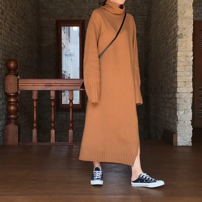 Осенне зимнее женское Повседневное платье с высоким воротником однотонное