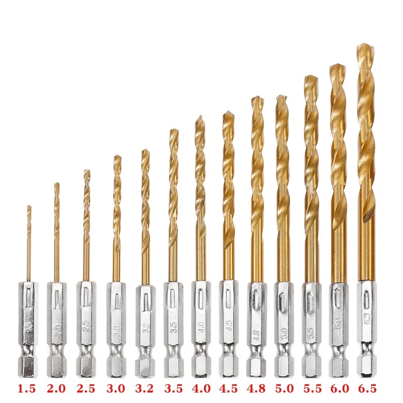 

Twist Drill Bits 13pcs HSS Drill Bit 1.5-6.5mm Hexagonal Shank TiN Coated Screwdriver Drill Bit Electric Drill Twist Drilling