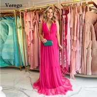verngo simple fuschia tulle long prom dresses v neck floor length party evening gowns plus size arabic women formal dress