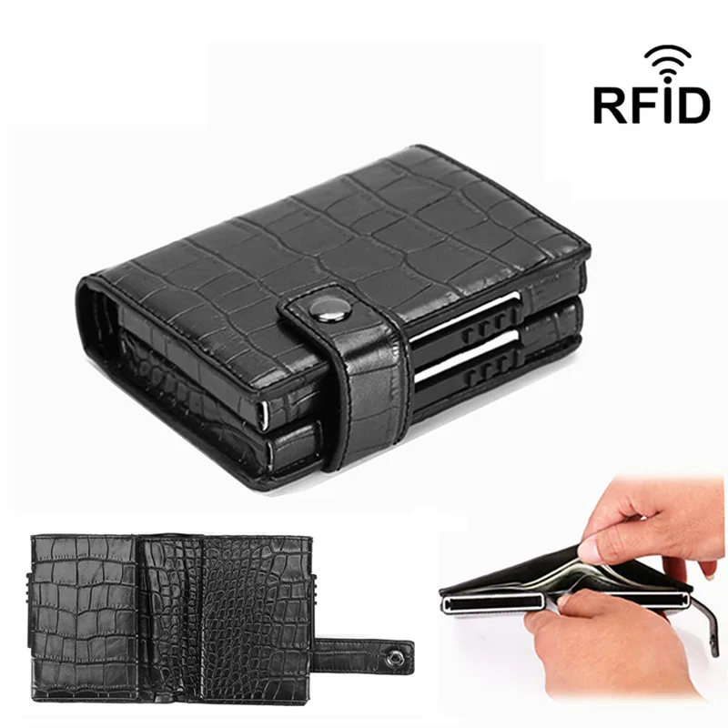 

2020 Pu Leather Double Metal ID Credit Card Holder With RFID Vintage Card Case Automatic Money Cash Clip Mini Wallet Business