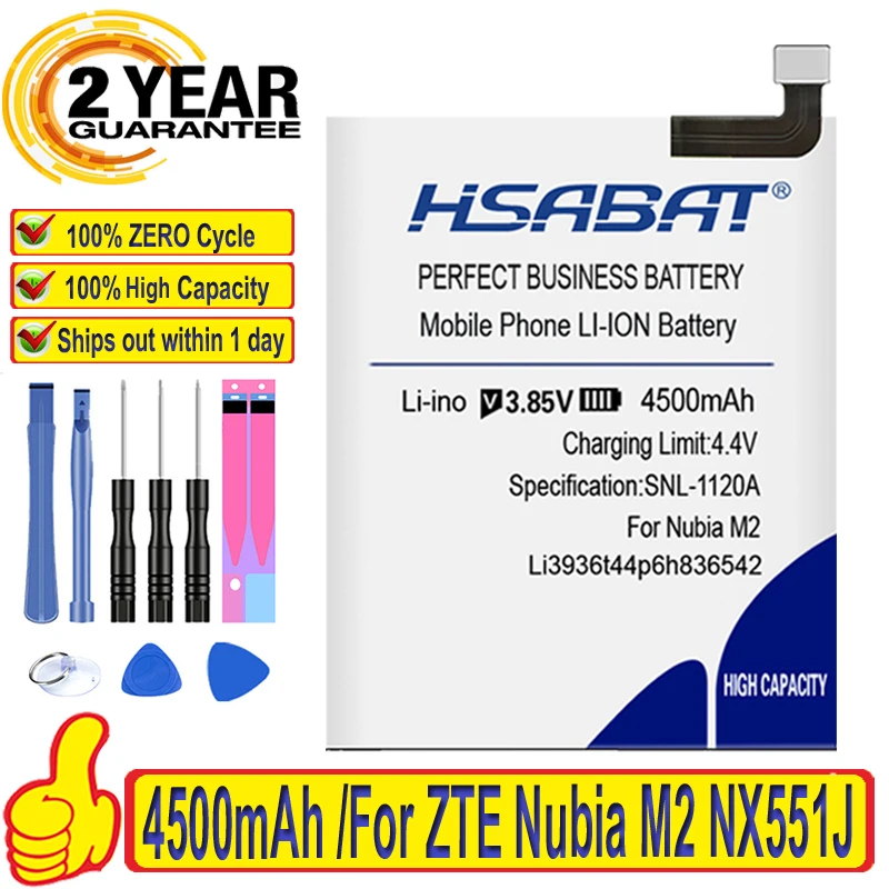 100% Оригинальный HSABAT 4500 мАч Li3936t44p6h836542 Аккумулятор для ZTE Nubia M2 NX551J Dual SIM с двумя