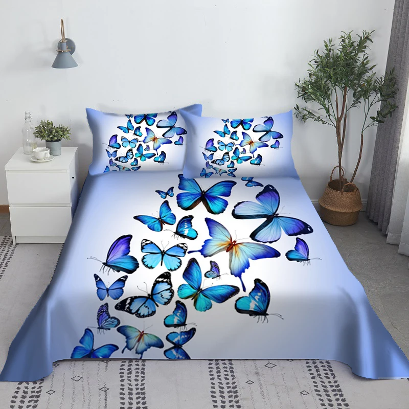 

Blue Butterfly Bed Sheet Set 3D Printed Bed Flat Sheet With Pillow Cover Soft Polyester King Queen Full Twin Size wholesale