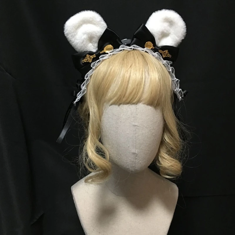 

New Cute Plush Rabbit Bunny Ears Headband Japanese Lolita Satin Ribbon Bow Hairband Ruffled Lace Anime Cosplay Headdress