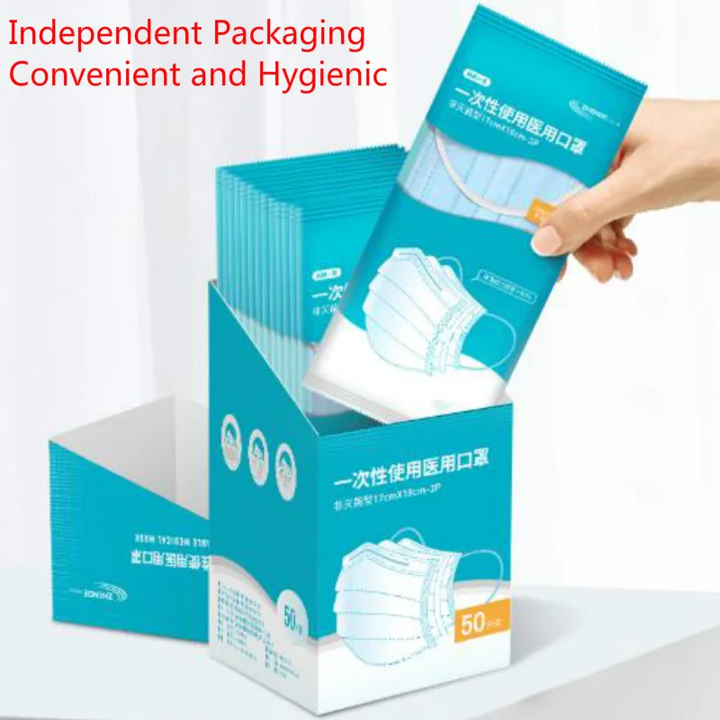 

50 Pcs Disposable ZhenDe Medical Surgical Mask 3 Layer Anti Virus Flu Filter Sterile Medical Mask Independent Package Hygienic