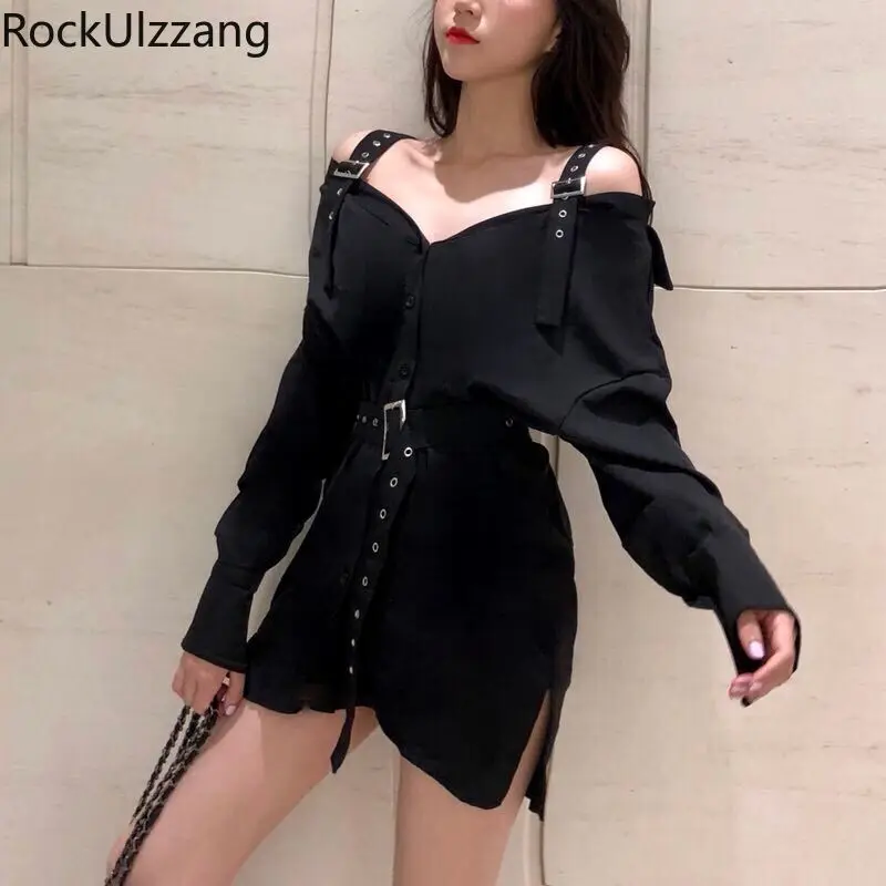 Элегантная Длинная черная рубашка на бретелях с кольцами и ремешком талии