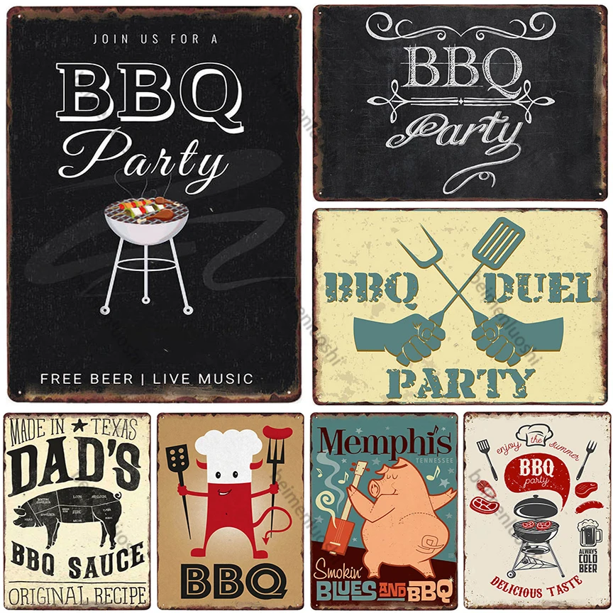 

BBQ Tin Sign Vintage Metal Plate Painting Retro Iron Picture Barbecue Shop Rotisserie Grill Room Wall decoration