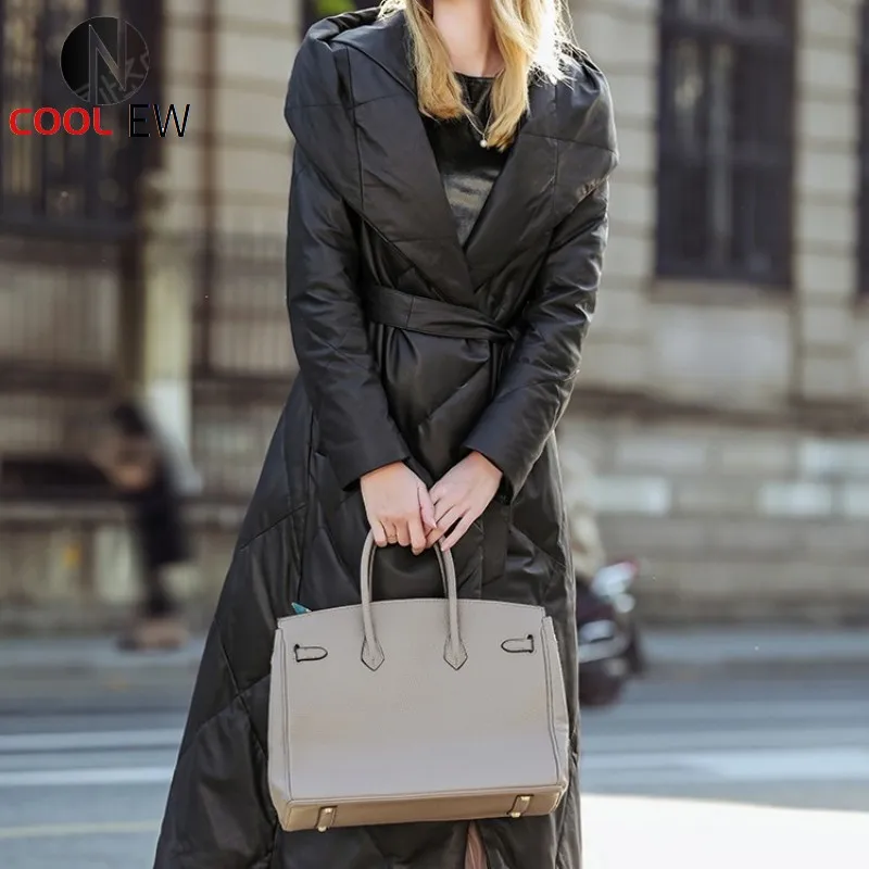 

Elegant Winter Long Coat Women Genuine Sheepskin Down Jacket Streetwear Slim Hooded Warm Outerwear Luxury Runway Overcoat S-3XL