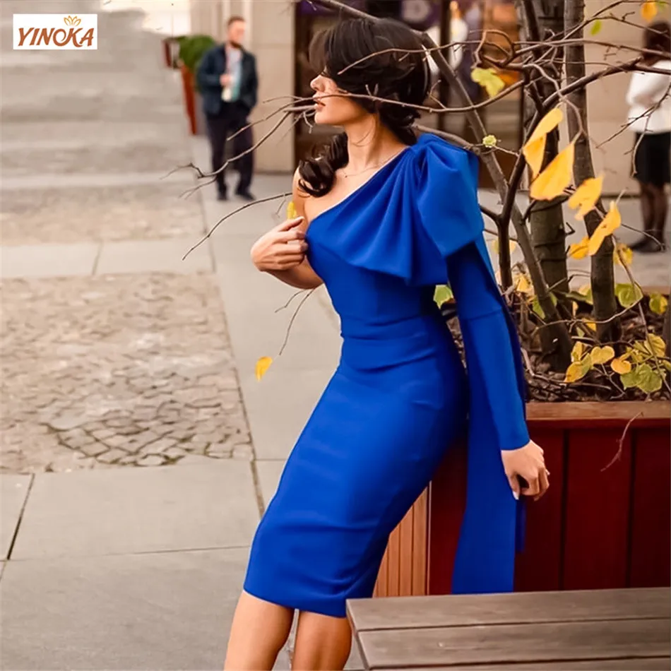 

Женское Бандажное платье на одно плечо Yinoka, элегантное облегающее платье синего, оранжевого, черного цветов, до колен, украшенное бантом, ве...