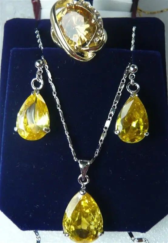 

Yellow Crystal Silver Plated Earrings Ring(#7.8.9)Pendant Jewelry Set watch wholesale Quartz stone CZ crystal