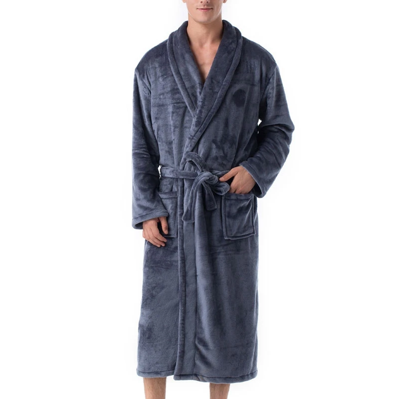 Autumn Winter Nightdress Blue Men Casual Fleece Sleepwear Warm Couple Home Wear Flannel Belt Pyjamas Kimono Bathrobe Gown