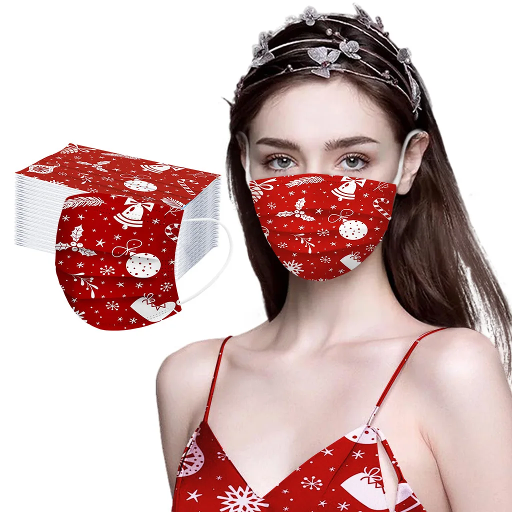 

50pcs Disposable Adult Printed Mask Three Layers With Melt Blown Cloth Dustproof And Breathable Christmas Hanging Ear Mask