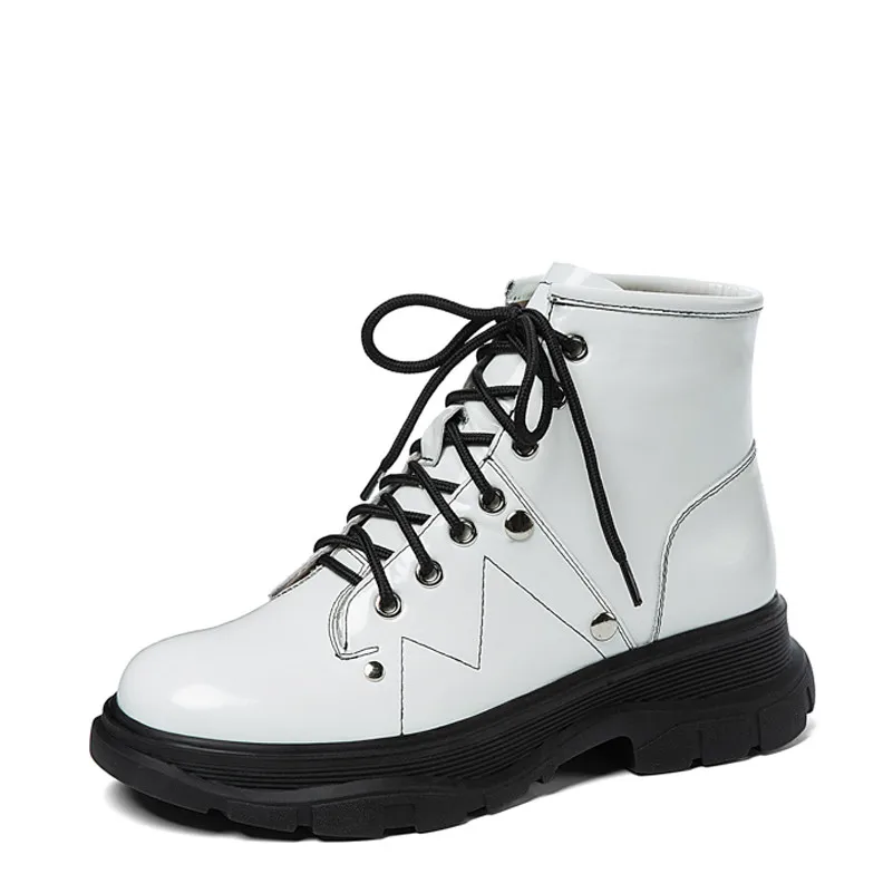 

FOREADA Flat Platform Ankle Boots Woman Real Leather Motorcycle Boots Lace Up Rivet Short Boots Female Shoes Autumn Winter 34-40