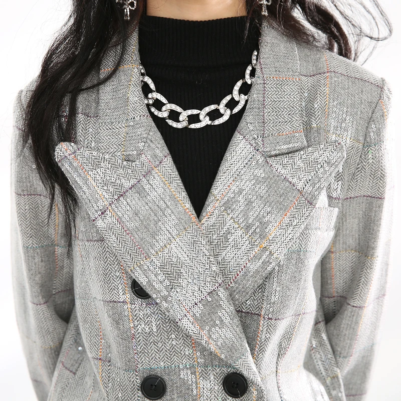 

[EAM] Women Gray Plaid Double Breasted Blazer New Lapel Long Sleeve Loose Fit Jacket Fashion Tide Spring Autumn 2021 1DD236502