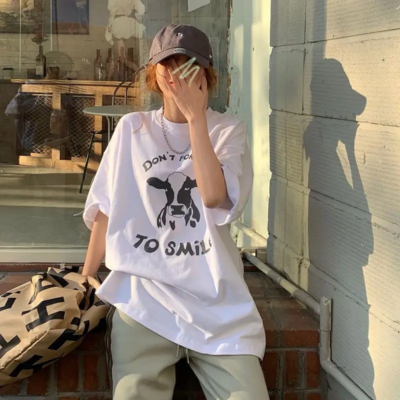 

100% cotton white cow short sleeve fashionable mid long new summer Korean T-shirt women's half sleeve top aesthetic clothes