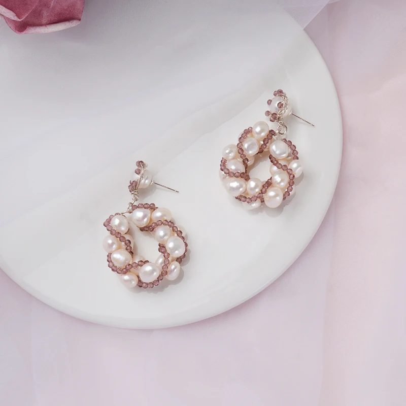 ASHIQI Natural Big Pearls Drop Earrings for Women with Purple Crystal Beads Handmade 925 Sterling Silver Jewelry | Украшения и