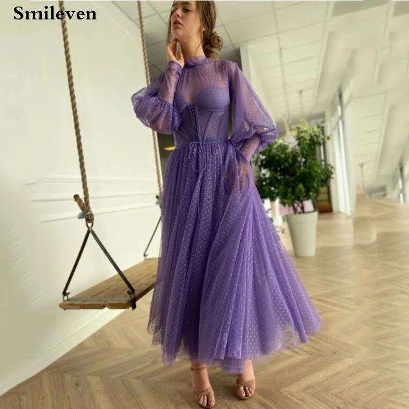 

Smileven Puff Sleeve Purple Dots Tulle Prom Dresses Ankle Length High Neck Evening Gowns Elegant Corset Prom Party Gowns