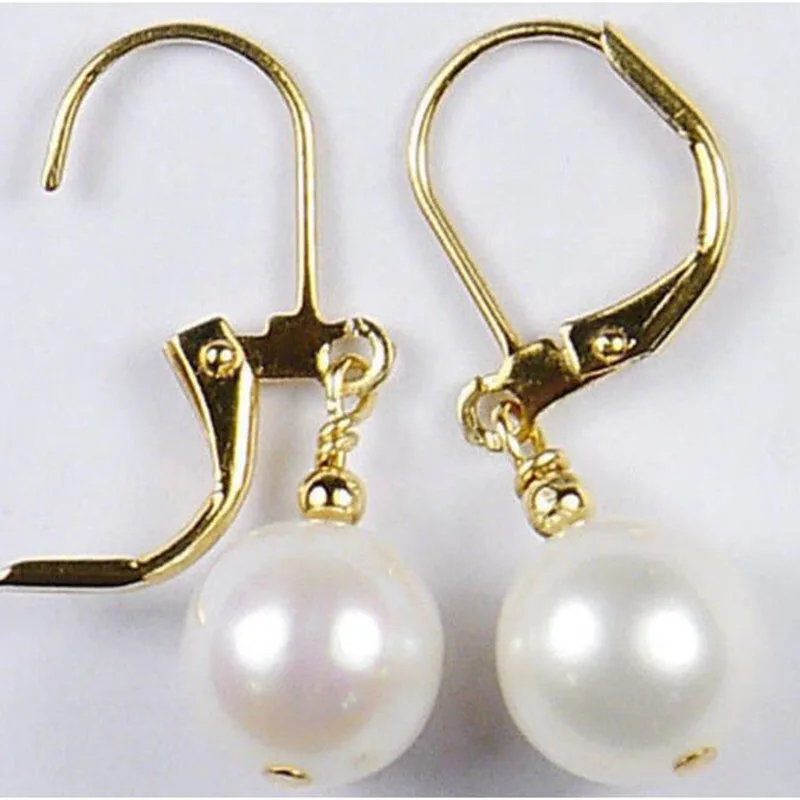 

free shipping 9-10MM Akoya White natural Pearl Ear Drop Dangle Earring 14k/20 Yellow Gold hook