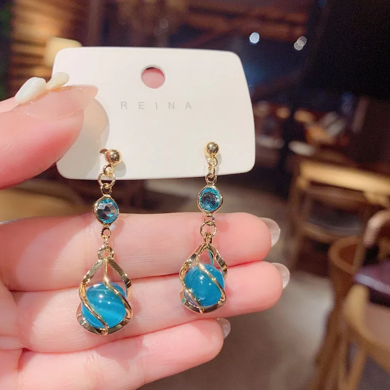 

S925 Sterling Silver Needle Opal Earrings Korean Temperament Geometric Square Diamond Eardrop Simple Online Celebrity Earrings