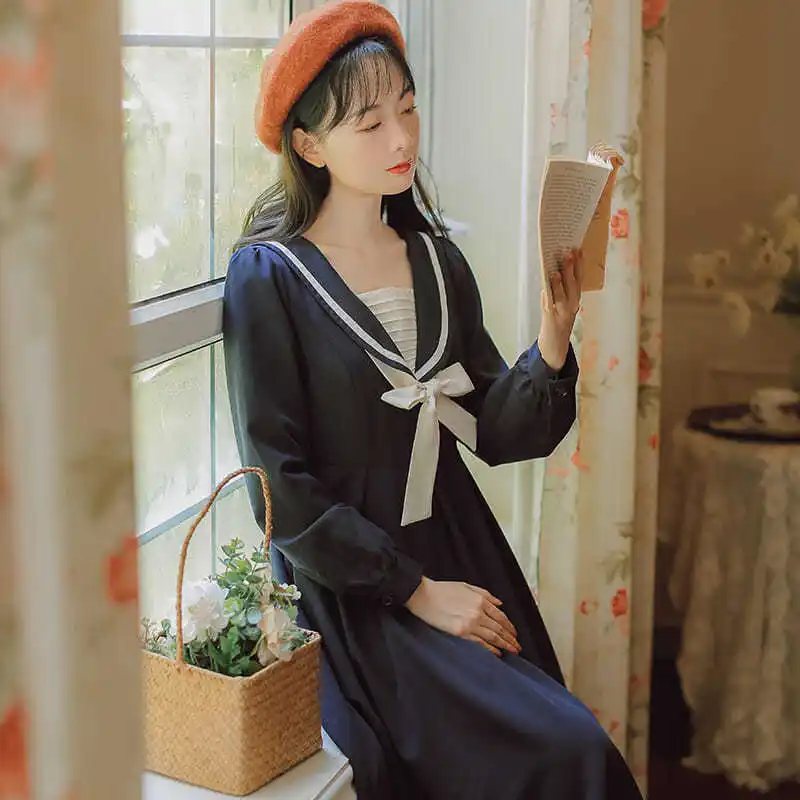 

Vintage Plaid Long Sleeve Dress Women 2021 French Japanese Style Sailor Collar Dresses for Women