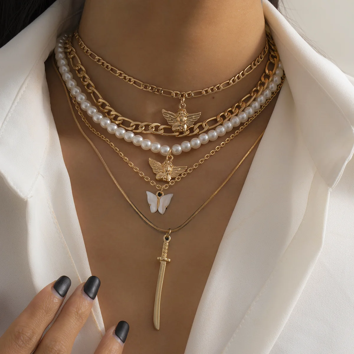 Street Photo Exaggerated Butterfly Pearl Necklace Fashion Gold Plated Angel Knife Pendant Multi Element Set Jewelry