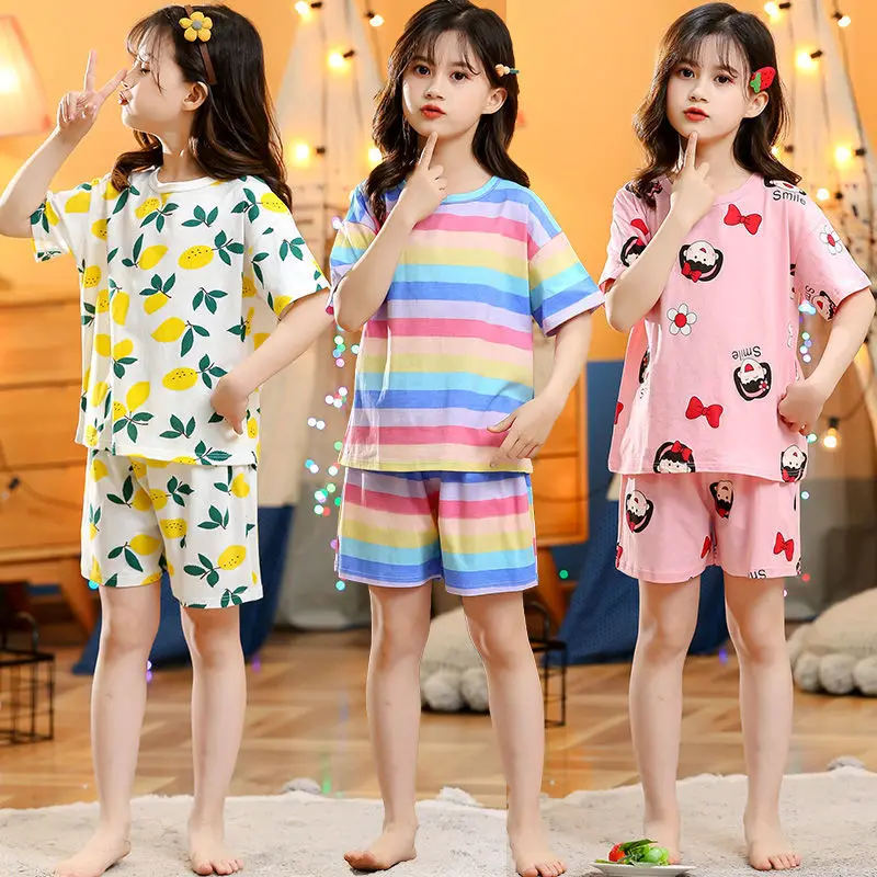 

Baby Girls Summer Pajamas Cotton Pyjamas Kids Top Shorts 2 Piece Sets Cartoon Sleepwear Children Clothing Suit 4 6 8 10 12Years
