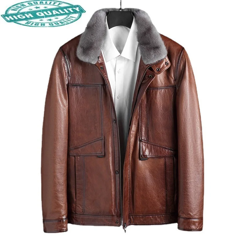 

Genuine 100% Sheepskin Leather Jacket Grey Mink Fur Collar Coat for Men White Duck Down Parkas Jaquetas Gxy251
