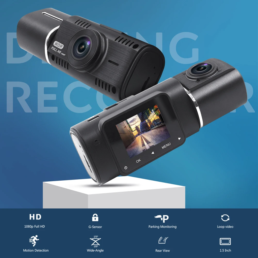 Автомобильный видеорегистратор видеокамера с двойным объективом Full HD 1080P 170