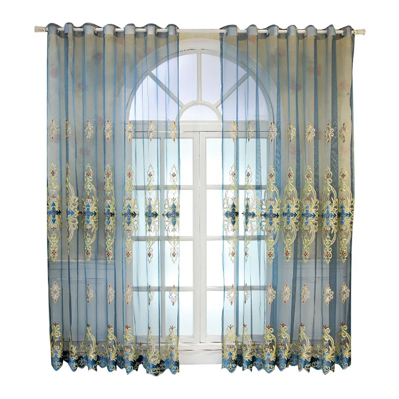 

European-style Blue Embroidered Gauze Curtains Fashion Simple Modern Style Living Room Bedroom Balcony Curtains