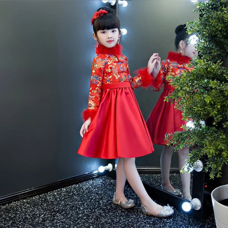 

Winter Girls New Year Dess Long Sleeve Cheongsam Quilted Satin Party Dress Kids Formal Dress Children Chinese Dress Vestidos