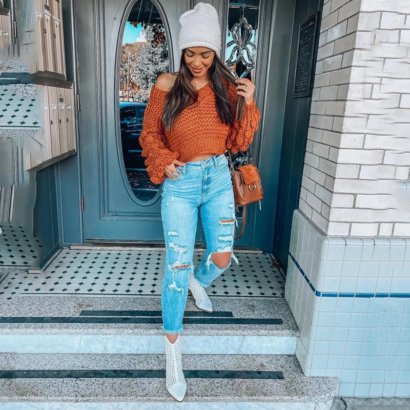 

Brown V Neck Long Sleeve Navel Sexy Women Sweater Loose Elastic Streetwear Casual Female Sweaters Fashion Autumn Clothes 2021