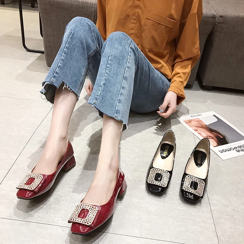 

Casual Woman Shoe Square Toe Shallow Mouth Crystal Female Footwear Slip-on Autumn Modis On Heels Moccasin Rhinestone Summer Dres