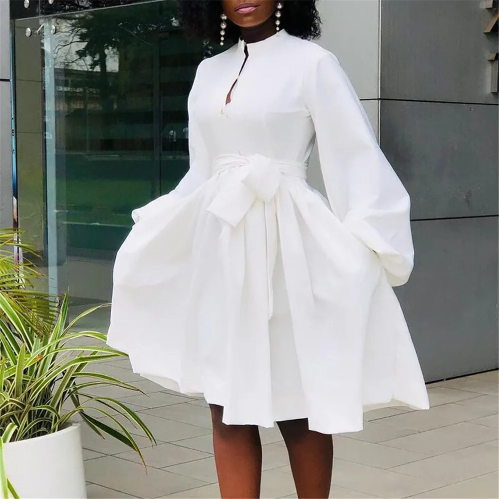 

Women's Dress Spring Fashion Stand Collar Cardigan Large Size Fashion Casual Solid Color Lantern Sleeve Bandage Puff Skirt