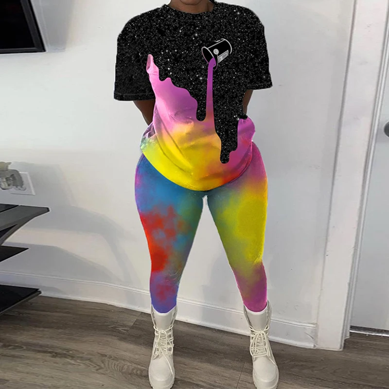 

Summer Women Printed Short Sleeve O-Neck Top & High Waist Long Pant Casual Two Piece Set Pant Set