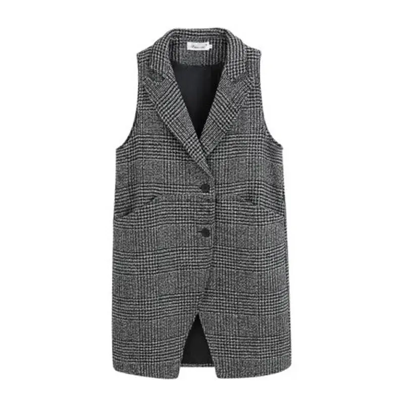 

Fashion Vest Female Autumn and Winter Long Plaid New Korean Temperament Sleeveless Woolen Blazer Jacket Waistcoat Outwear f2144