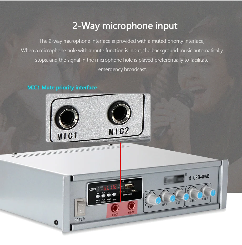Oupushi Профессиональный Усилитель 2 way вход для микрофона pa bluetooths цифровой усилитель с пультом дистанционного управления USB декодирования и MP3 воспроизведения