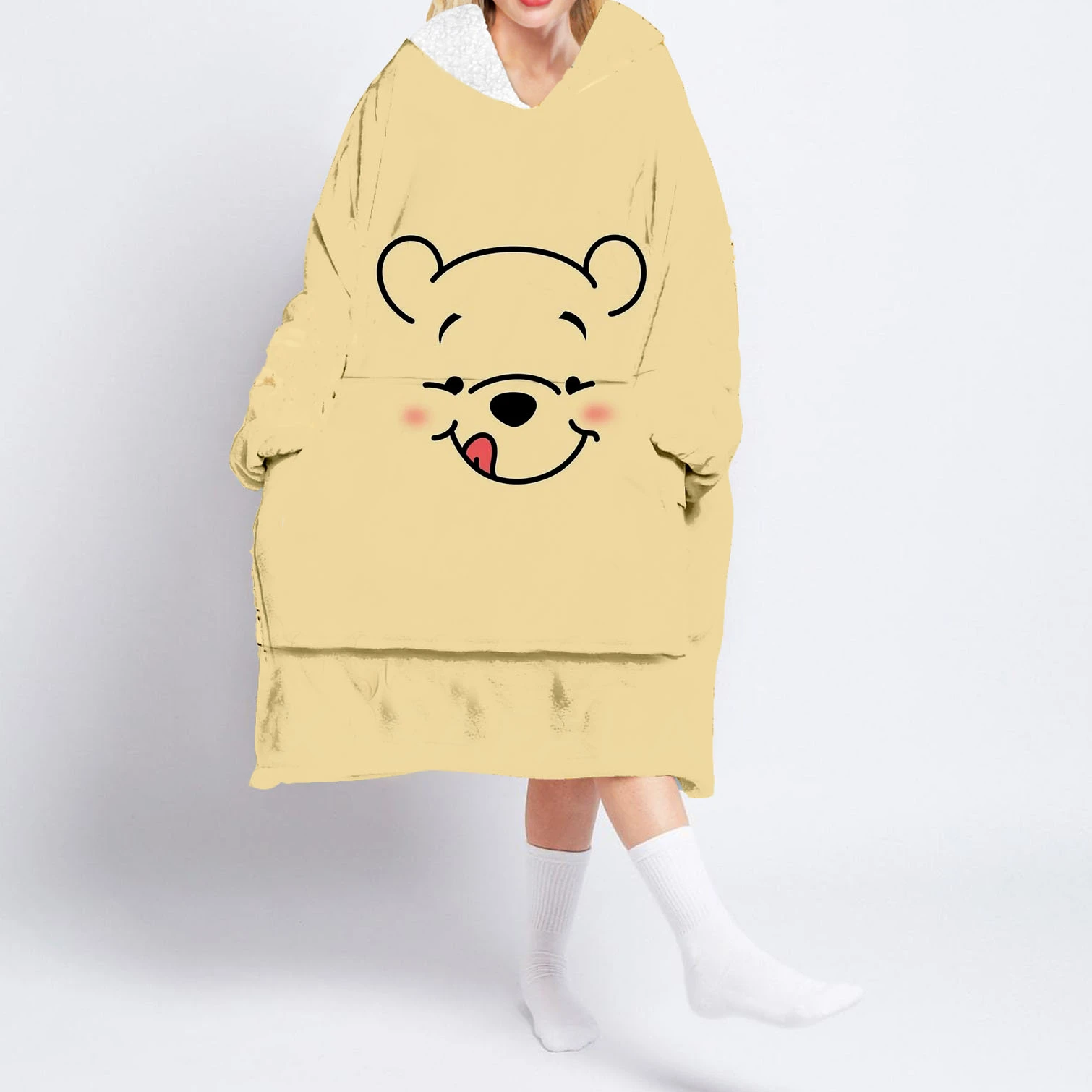 Cartoon Figure  Printed Oversized Hooded Wearable Blanket Hoodie Robes 1 Sherpa Pocket Female Man Sleepwear Nightdress Pajamas