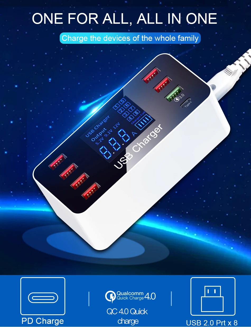 IHaitun светодиодный 8 портов 8А 40 Вт QC 3,0 USB зарядное устройство Тип C быстрое зарядное устройство для мобильного телефона для iPhone X XS samsung S10 huawei P30 Pro