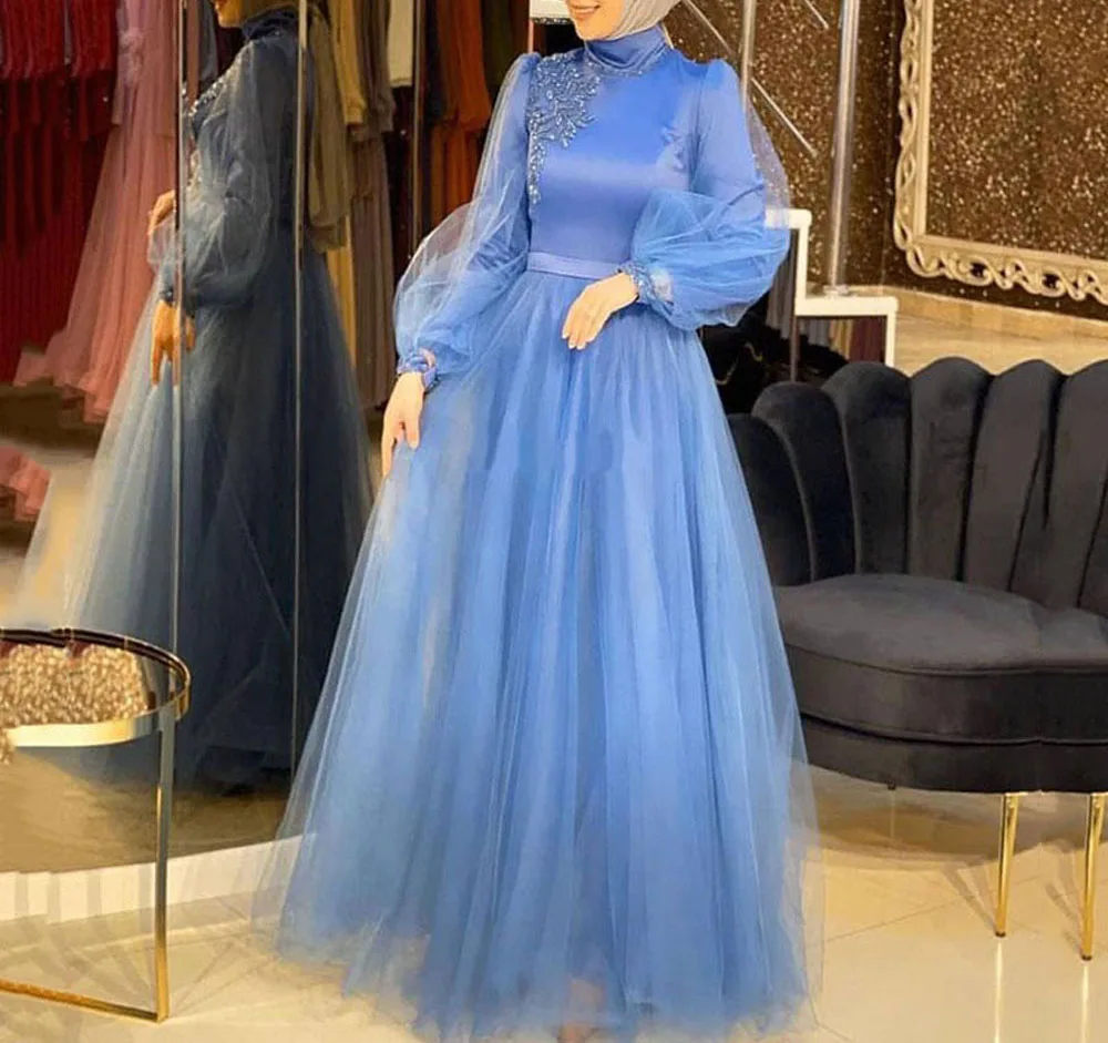 

Новинка 2021, бальное платье с высоким воротником, длинным рукавом-фонариком, в пол, с аппликацией и бисером, тюлевые вечерние платья, стандартное синее платье