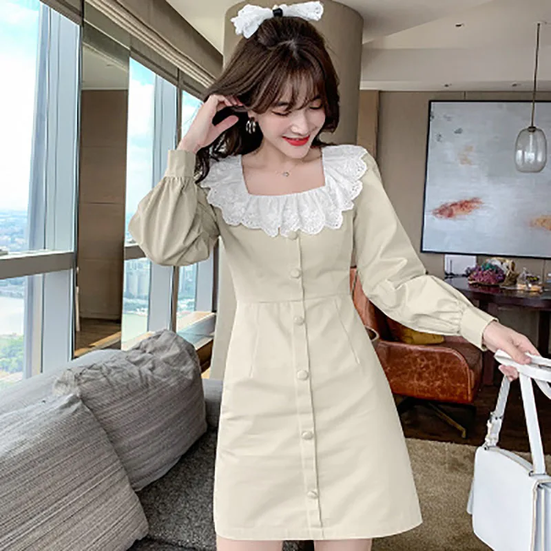 

Early autumn new fund is lovely melting temperament elegant lace square collar long sleeve small crowd design short A word dress